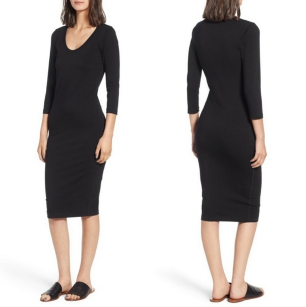 Standard James Perse Solid Black 3/4 Sleeve Scoop Neck Bodycon‎ Dress, Sz 3 / L